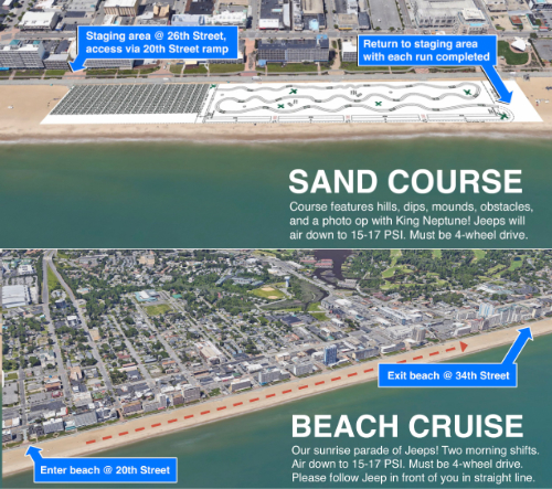 two images. (top) beach cruise map, (bottom) Sand Course map